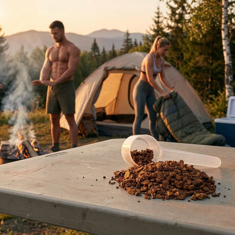 Sweet Brew Instant Coffee Single-Origin Papua New Guinea Dark Roast coffee bag on plastic table at campsite sunris
