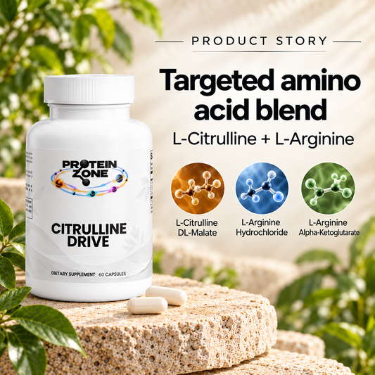 Protein Zone Citrulline Drive story in cream travertine and greenery