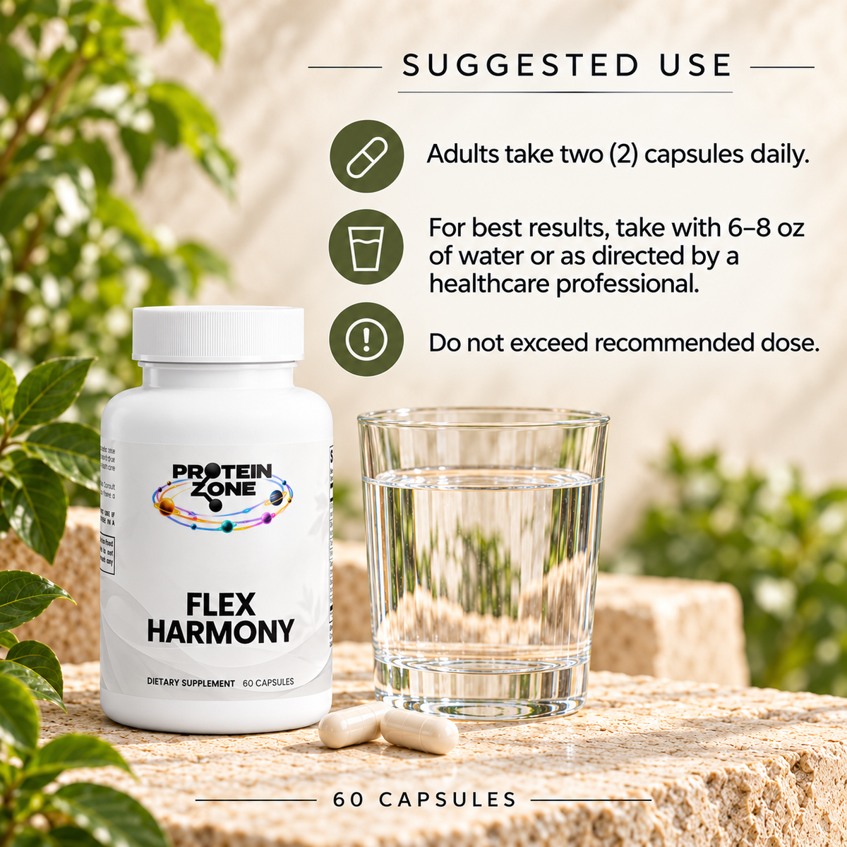 Protein Zone Flex Harmony suggested use — two capsules daily with water