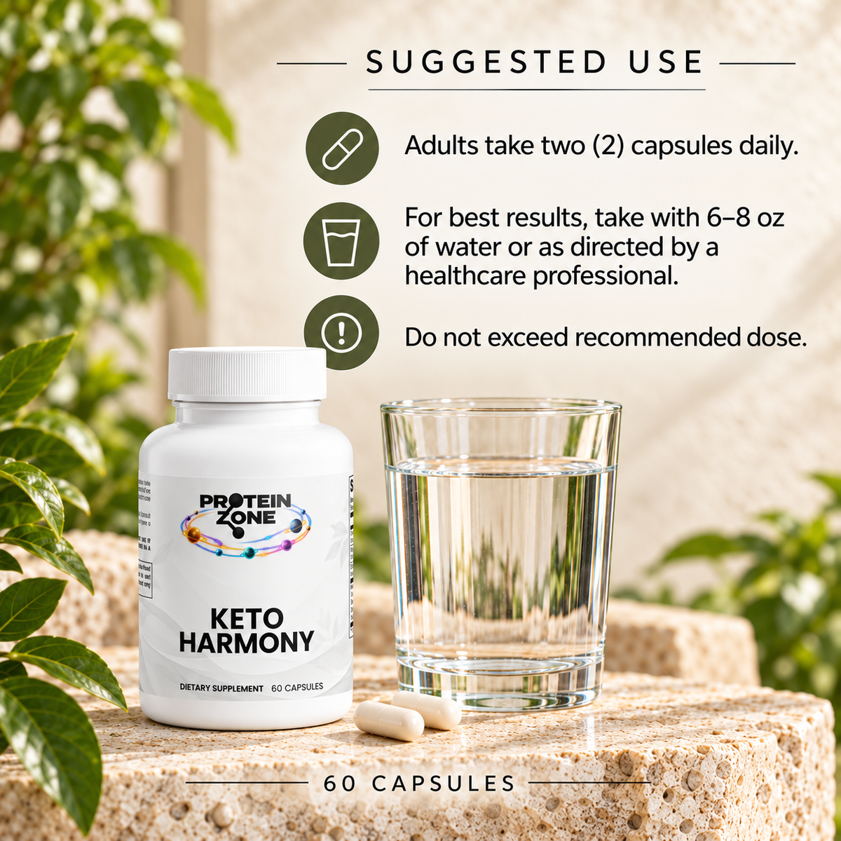 Protein Zone Keto Harmony suggested use — two capsules daily with water