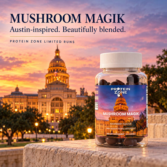 Mushroom Magik raspberry gummies with the Texas State Capitol at sunset — Protein Zone Limited Runs
