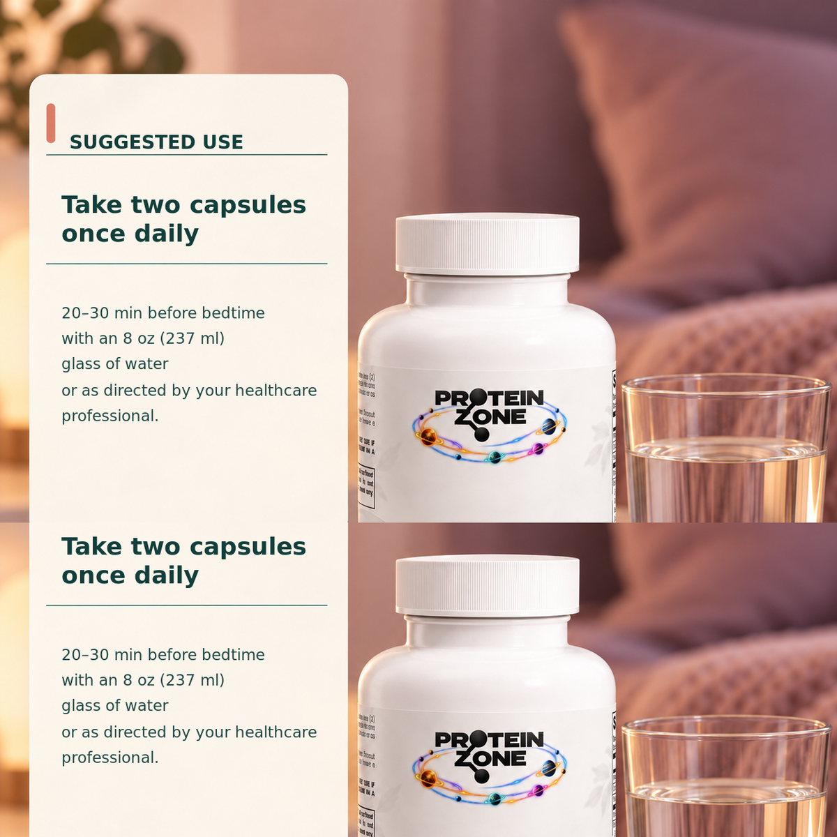 Night Calm suggested use: two capsules before bedtime with water