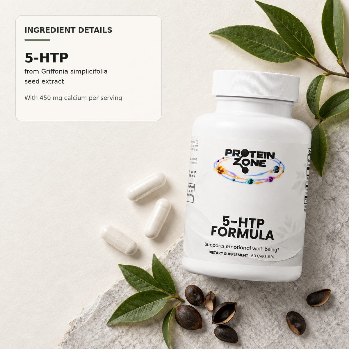 Protein Zone 5-HTP Formula with ingredient details for Griffonia simplicifolia seed extract and calcium