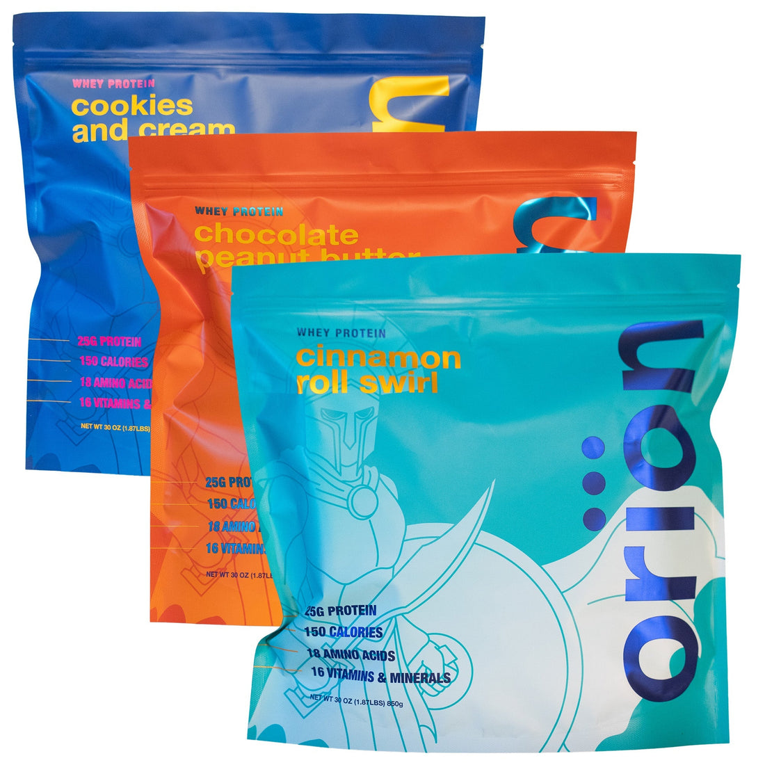 Orion Whey Protein Powder in three flavor options