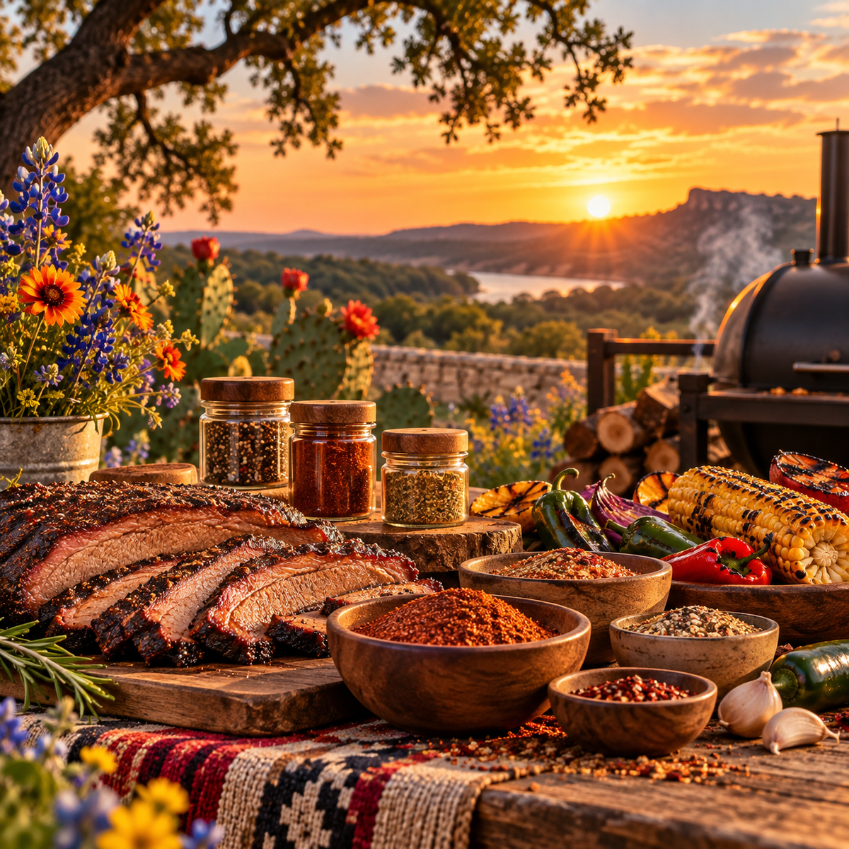 Texas barbecue seasonings and grilled food at sunset