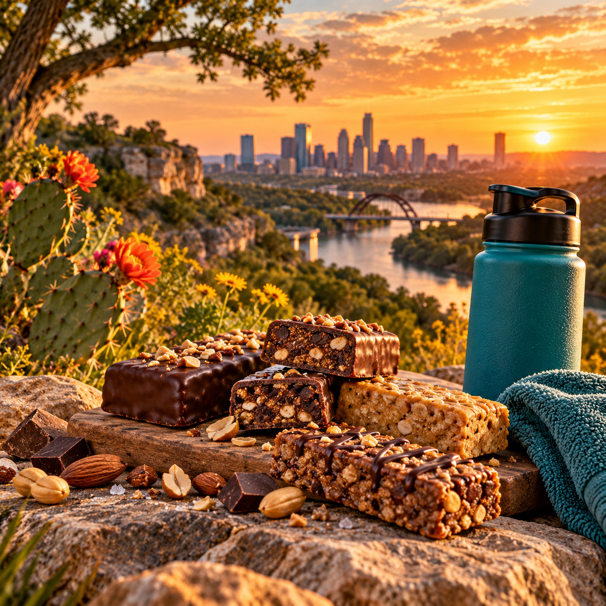 Protein snack bars on an Austin trail overlook