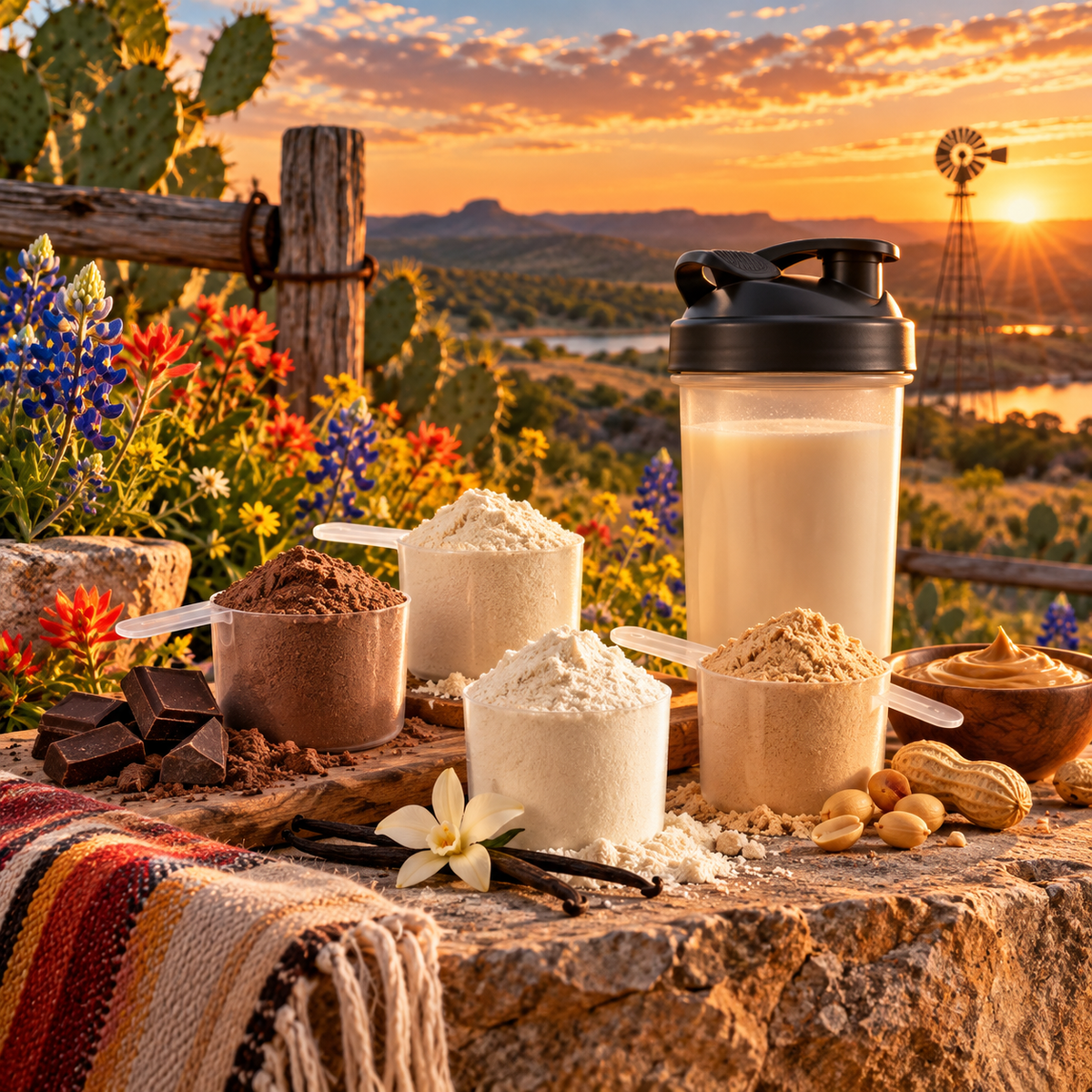 Protein powder flavors and shaker at a Texas ranch