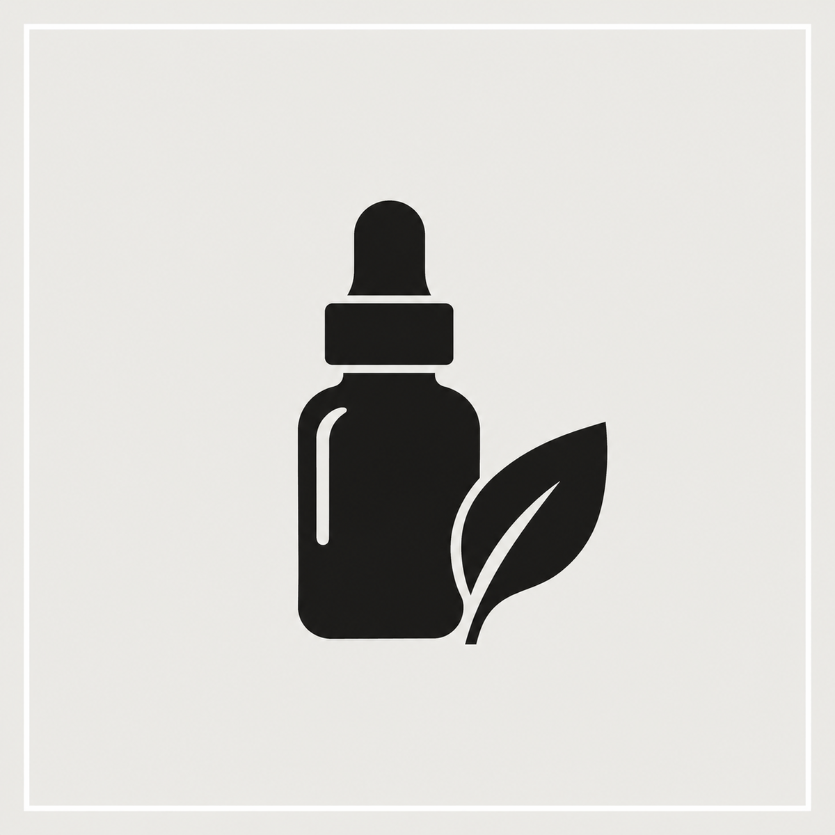 Minimal black dropper bottle and leaf icon on a light gray background