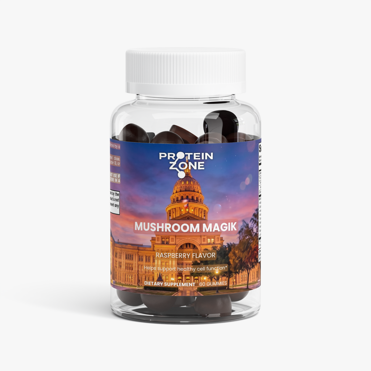 Mushroom Magik raspberry mushroom gummies — updated Protein Zone bottle with photorealistic Texas State Capitol label, 60 gummies