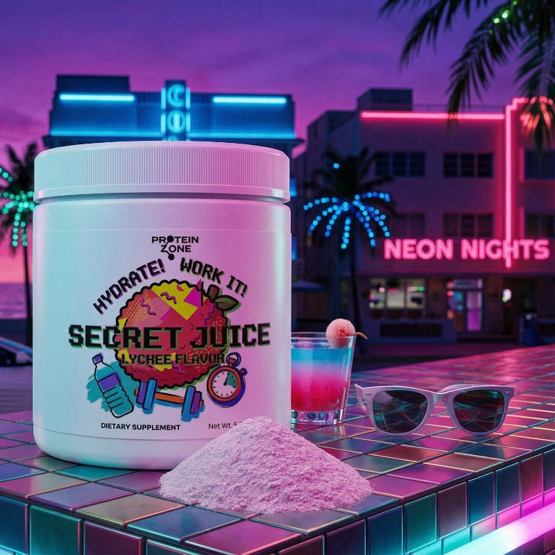 Secret Juice Lychee Hydrating Powder powder container on miami vice theme