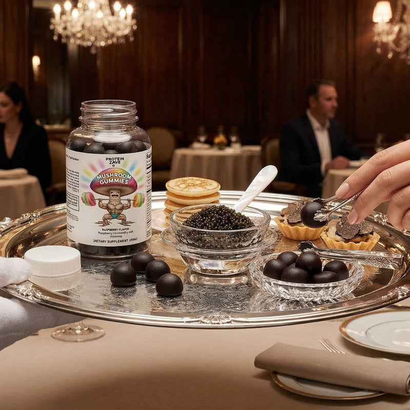 Mushroom Extract Complex 10-Mushroom Blend for Immunity & Energy supplement bottle in fancy restaurant with caviar and upscale peop
