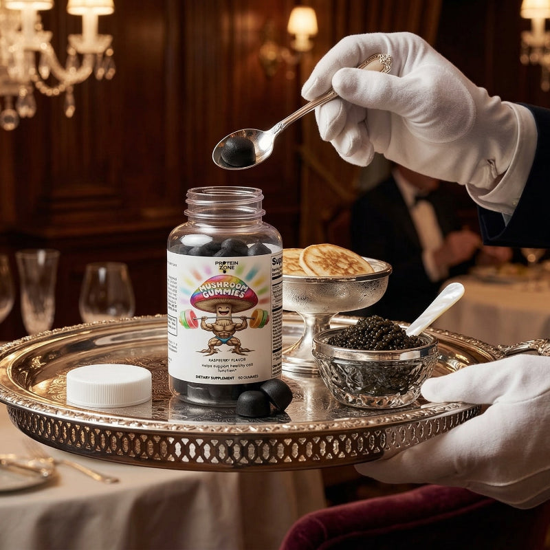 Mushroom Extract Complex 10-Mushroom Blend for Immunity & Energy supplement bottle in fancy restaurant with caviar and upscale peop 1