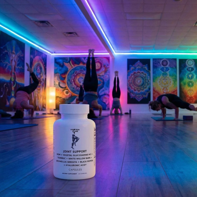 Joint Flex product in large yoga studio colorful lights and wall art