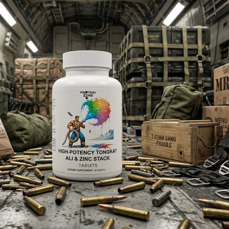 Tongkat Ali & Zinc Stack Natural Energy & Performance supplement bottle on floor of fighter jet surrounded 6e12 4edb