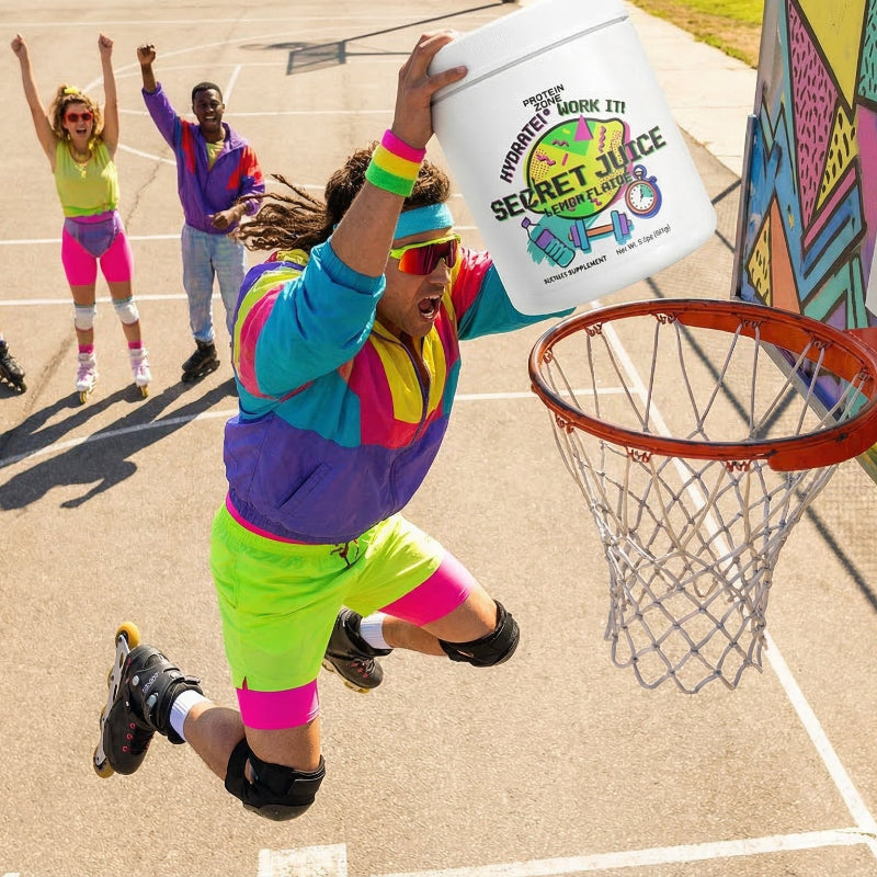 Secret Juice Lemon Hydrating Powder powder container on with rollerblades dunking into ba d7e2 a11d