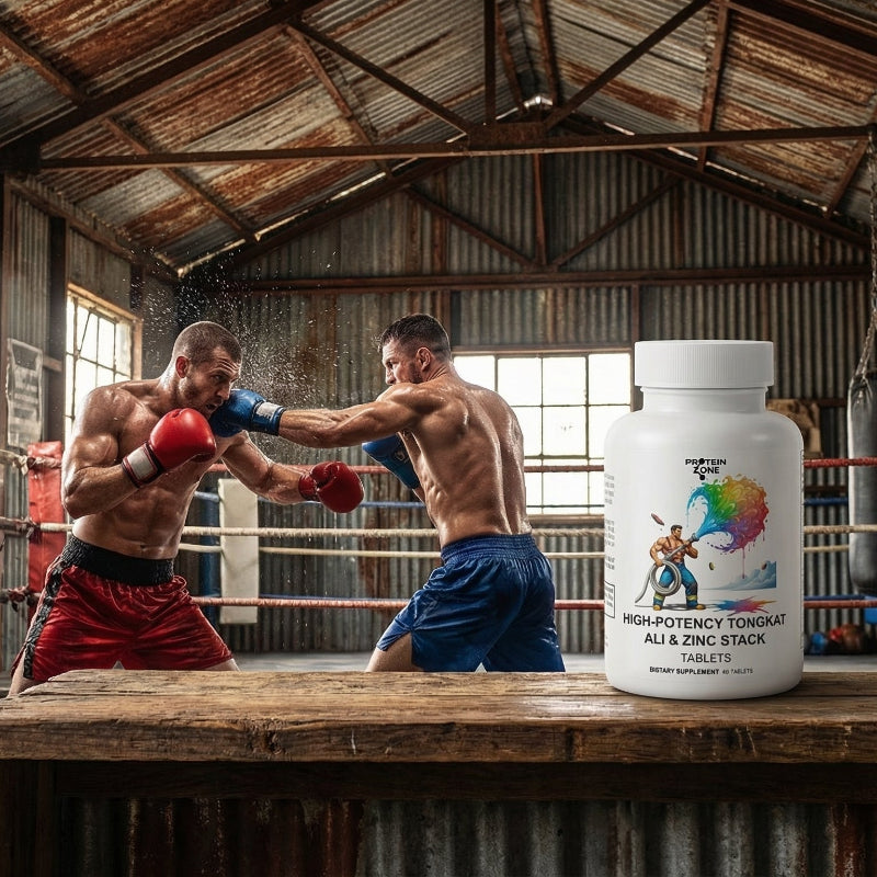 Tongkat Ali & Zinc Stack Natural Energy & Performance supplement bottle on shelf of boxing gym photo real