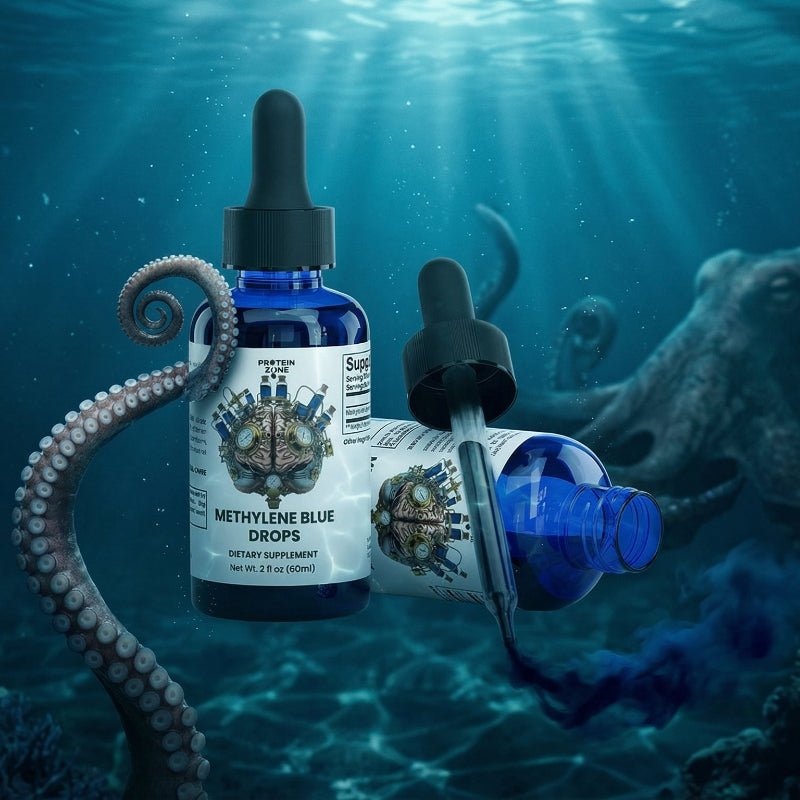 Methylene Blue Drops Cognitive Focus & Mitochondrial Vitality dropper bottle in deep blue ocean octapus theme 3