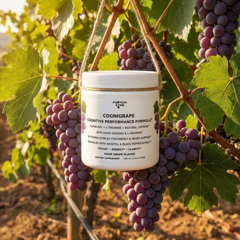 CogniGrape Nootropic Focus & Smart Energy Sour Grape Powder powder container in vineyard