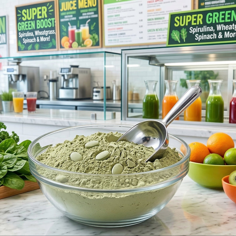 Green Superfood Energy Complex powder container on counter of jui