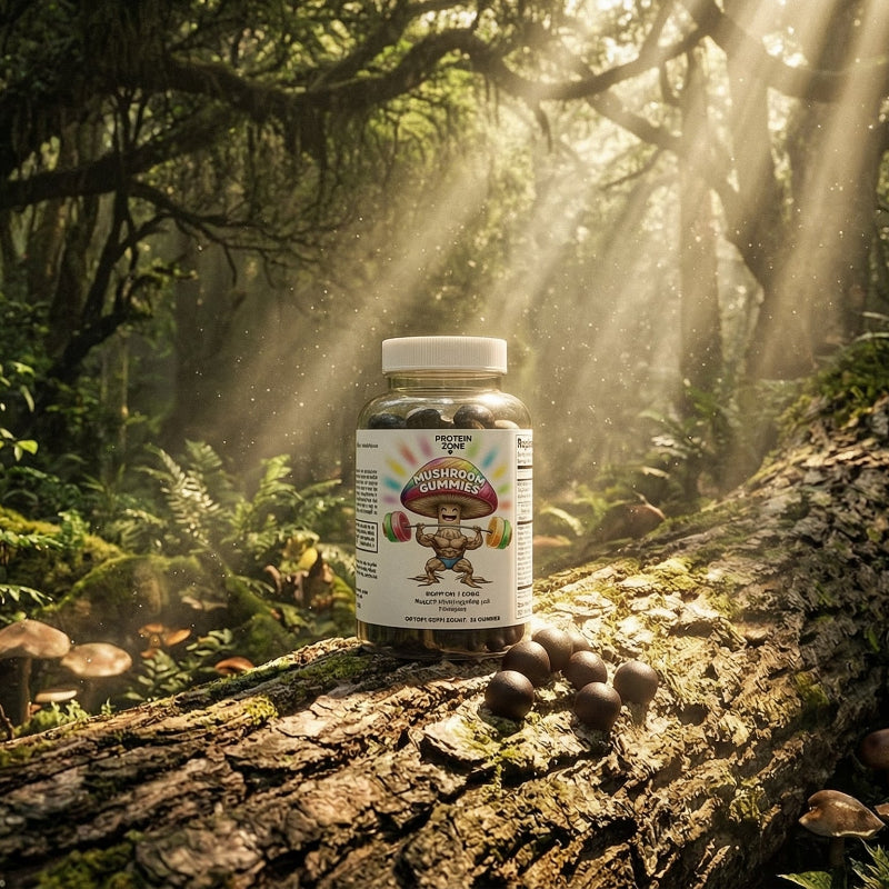 Mushroom Extract Complex 10-Mushroom Blend for Immunity & Energy supplement bottle on large fallen tree in dense forest