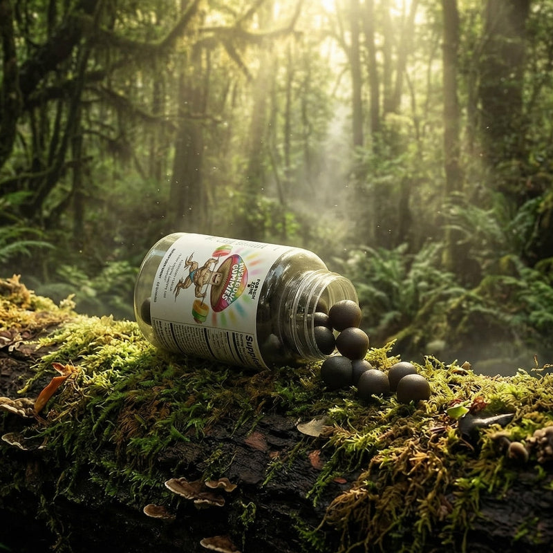 Mushroom Extract Complex 10-Mushroom Blend for Immunity & Energy supplement bottle on large fallen tree in dense forest 2