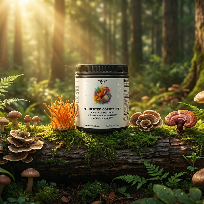 Fermented Mushroom Complex Organic 7-Mushroom Immunity Blend supplement bottle on log in forest surrounded by lush