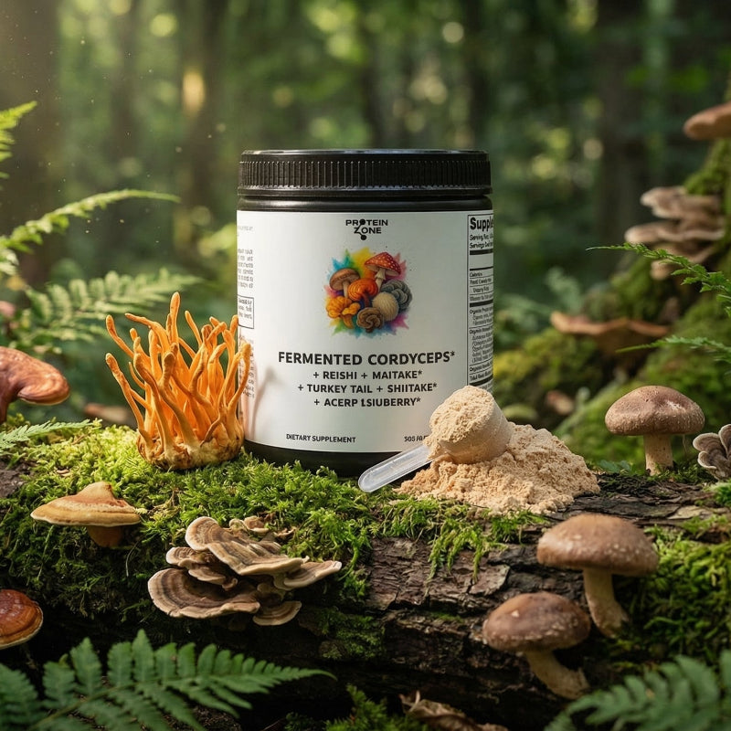Fermented Mushroom Complex Organic 7-Mushroom Immunity Blend supplement bottle on log in forest surrounded by lush 1