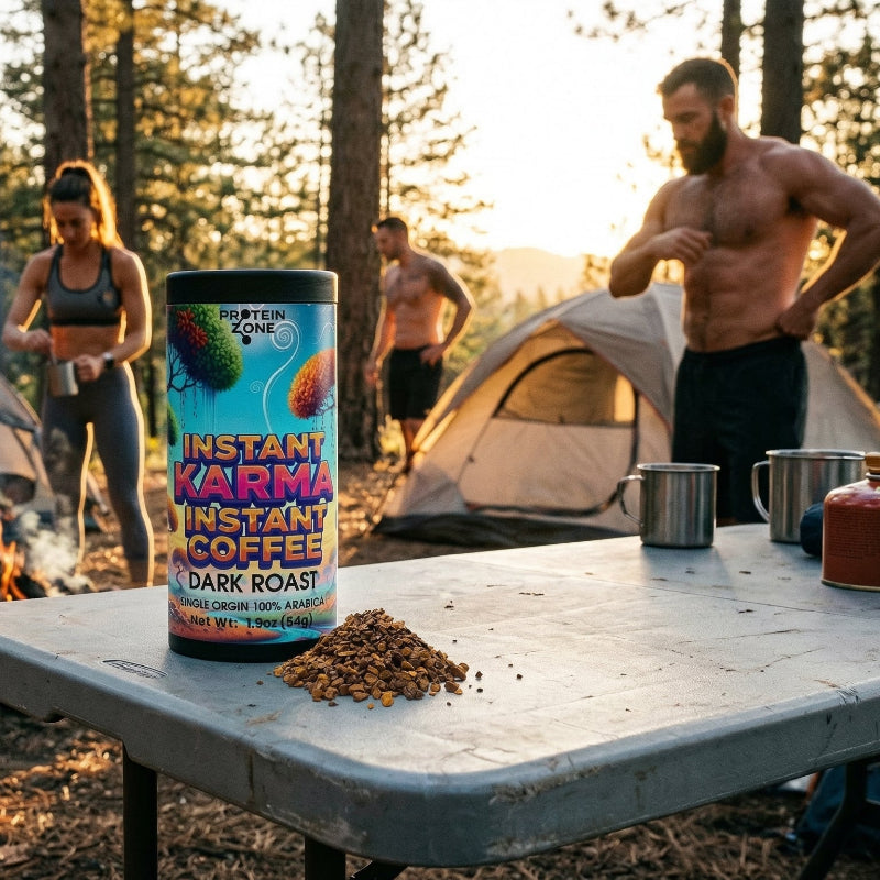 Sweet Brew Instant Coffee Single-Origin Papua New Guinea Dark Roast coffee bag on plastic table at campsite sunris 1