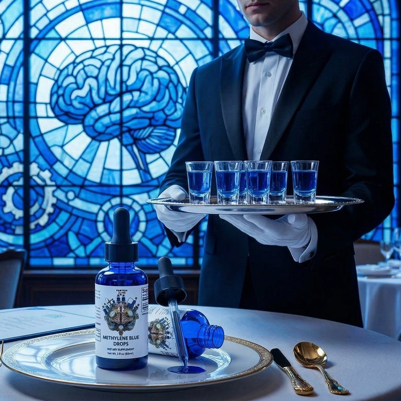 Methylene Blue Drops Cognitive Focus & Mitochondrial Vitality dropper bottle on plate at fancy restaurant server 1