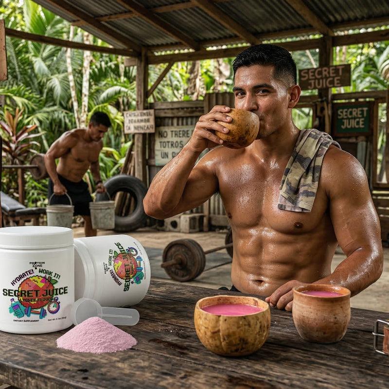 Secret Juice Lychee Hydrating Powder powder container on rustic wood table in outdoor gy 6
