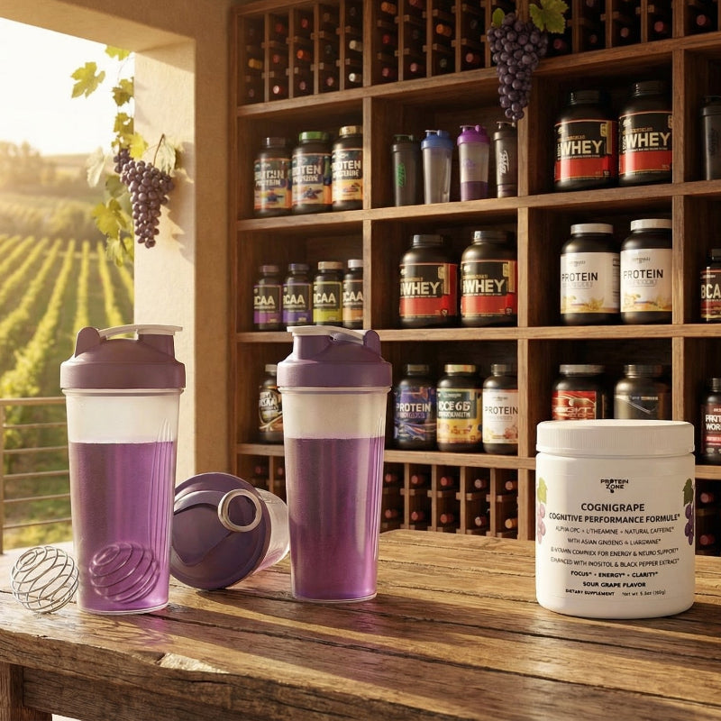 CogniGrape Nootropic Focus & Smart Energy Sour Grape Powder powder container on table at winery instead of wine