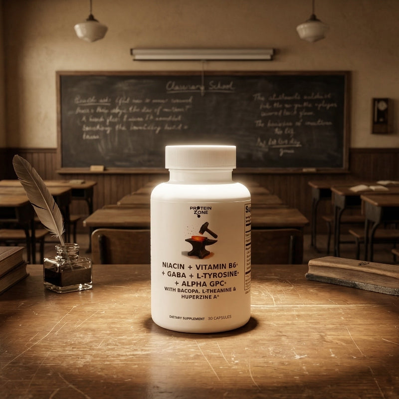 Mind Forge Premium Nootropic Stack for Focus & Mental Clarity product on teachers desk of school classroom