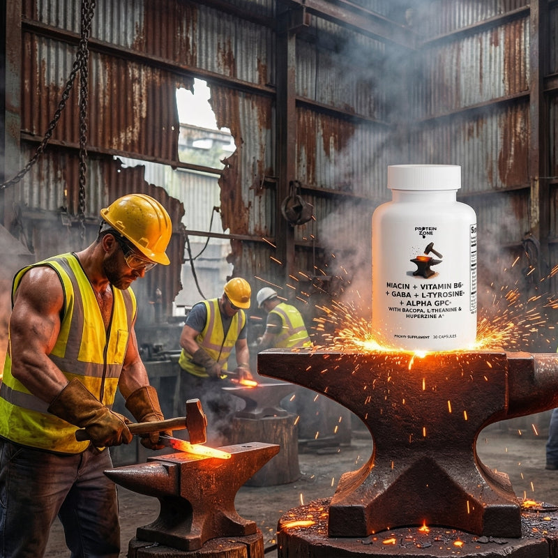Mind Forge Premium Nootropic Stack for Focus & Mental Clarity product on anvil of large iron factory hot