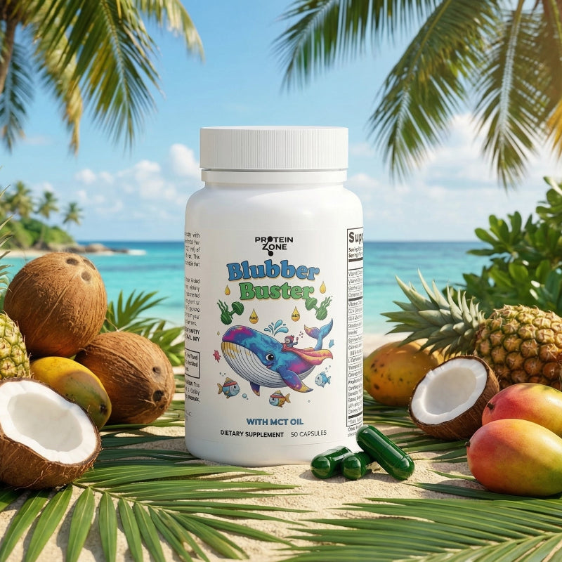 Blubber Buster Thermogenic Metabolic Support & Weight Management product on island surrounded by coconut and