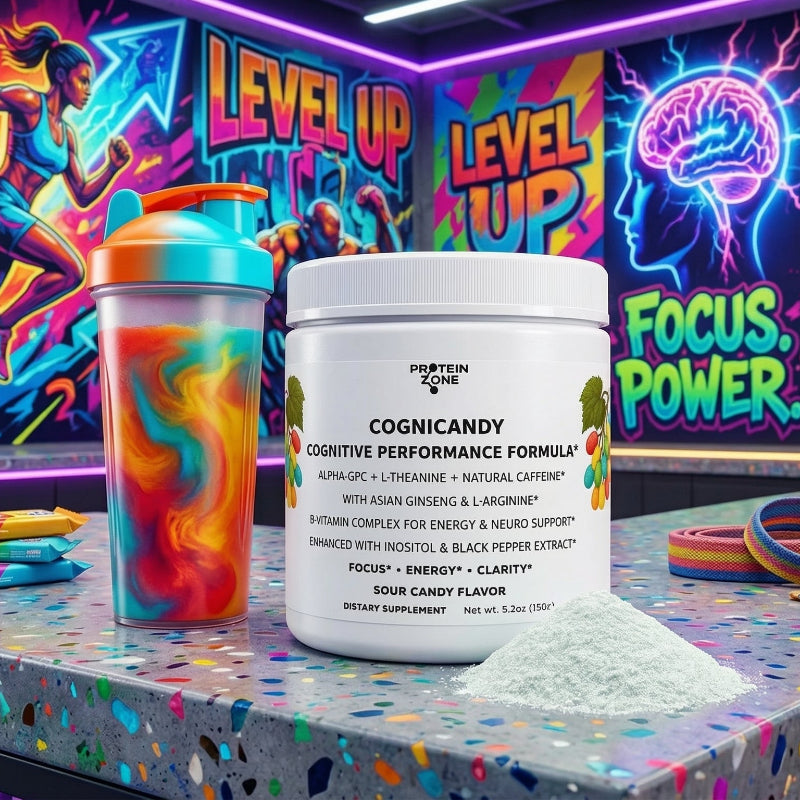 CogniCandy Nootropic Focus & Smart Energy Sour Candy Powder powder container on counter of gym colorful and br