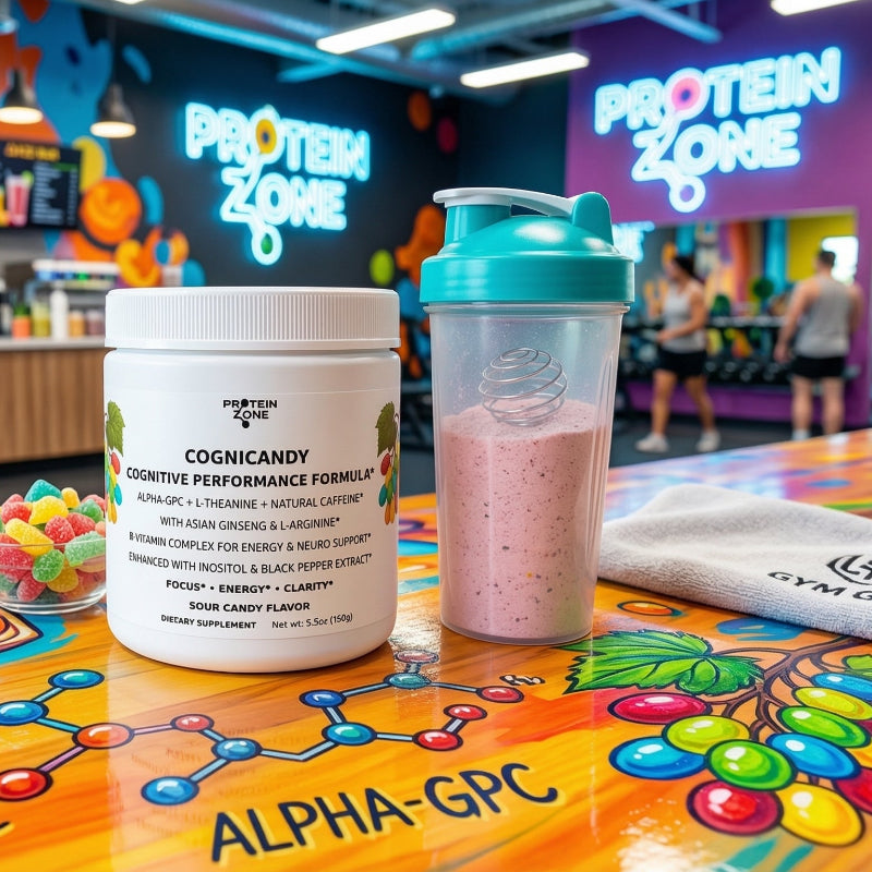 CogniCandy Nootropic Focus & Smart Energy Sour Candy Powder powder container on counter of gym colorful and br 1