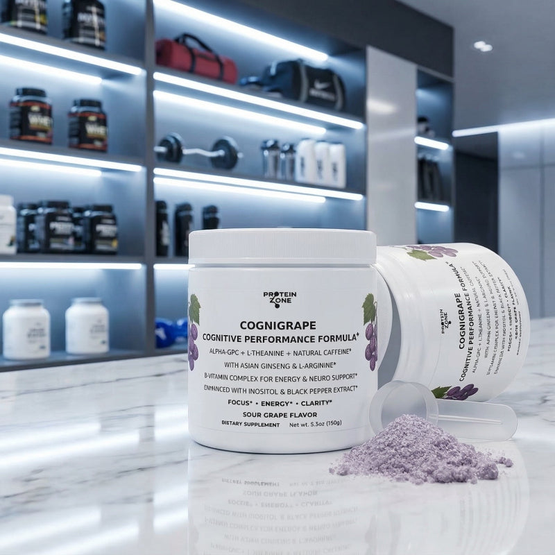 CogniGrape Nootropic Focus & Smart Energy Sour Grape Powder powder container on counter of gym retail white ma