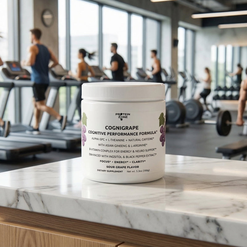 CogniGrape Nootropic Focus & Smart Energy Sour Grape Powder powder container on counter of gym white marble