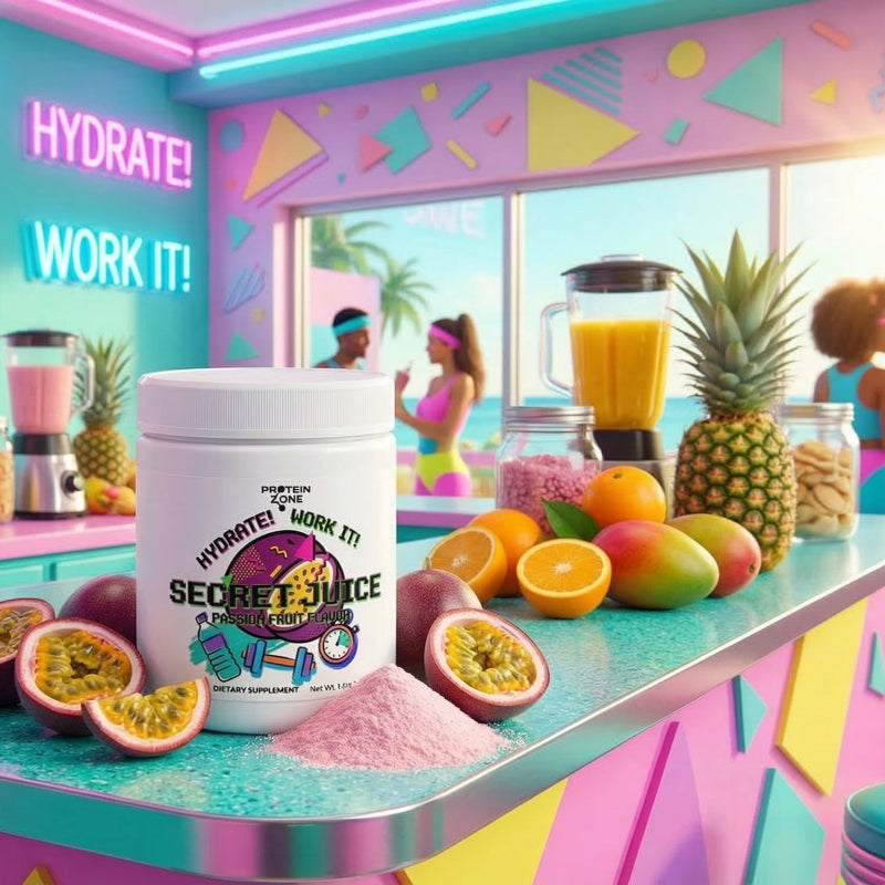 Secret Juice Passion Fruit Hydrating Powder powder container on counter of large bright vivid