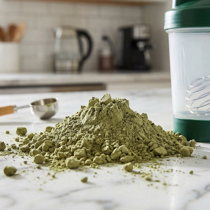 Green Superfood Energy Complex powder container on counter white marble surface pow