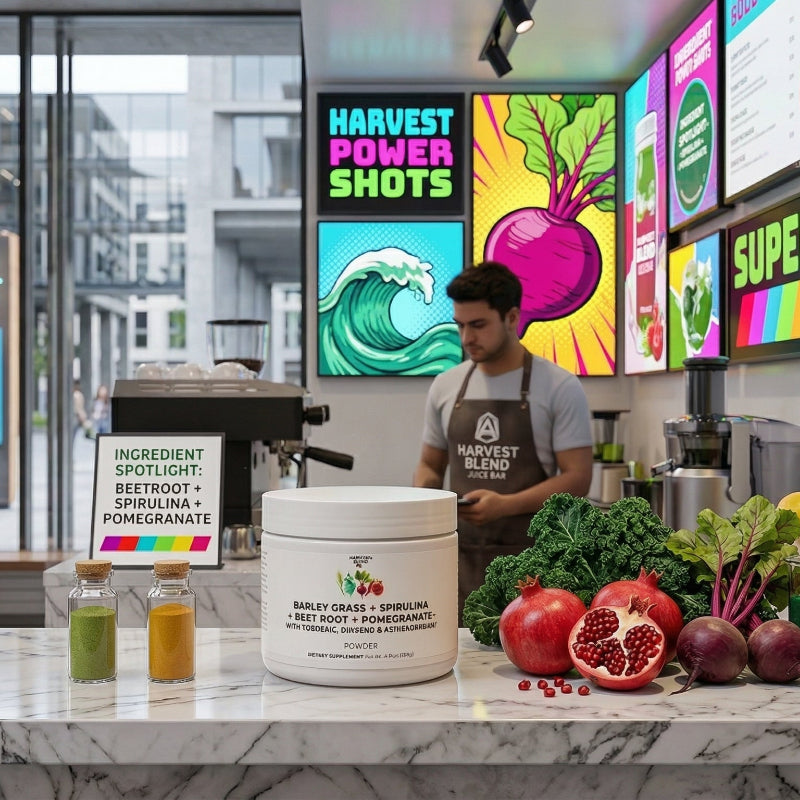 Green Superfood Energy Complex powder container on counter of juice bar bright vi