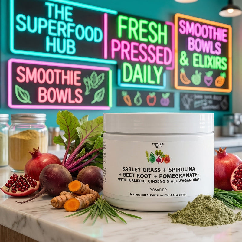 Green Superfood Energy Complex powder container on counter of juice bar bright vi 2