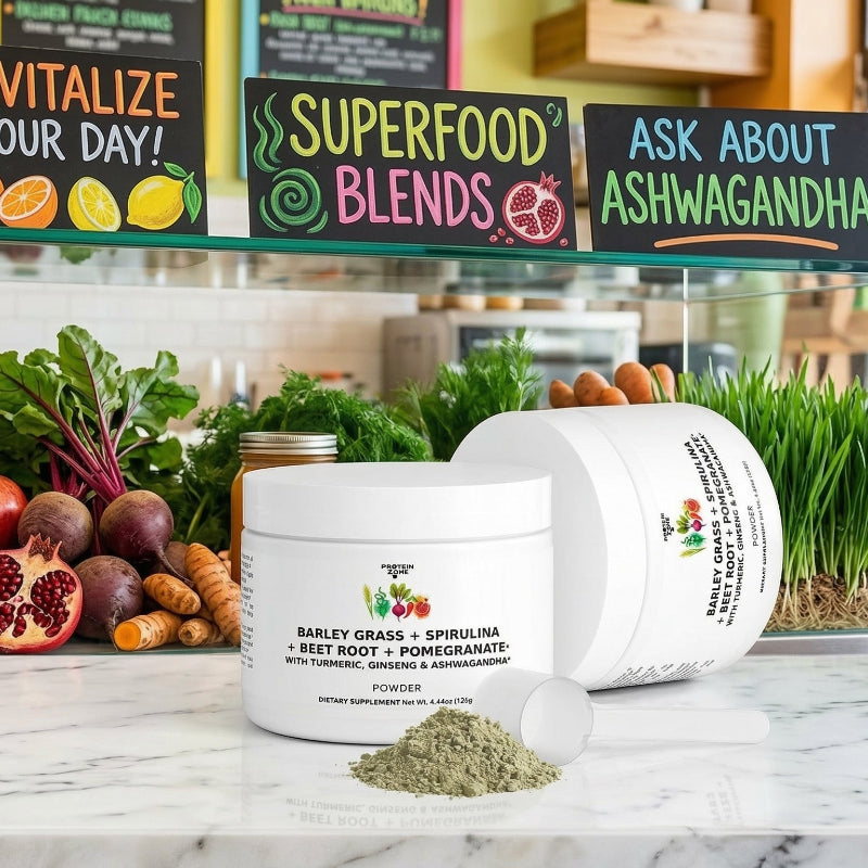 Green Superfood Energy Complex powder container on counter of juice bar bright vi 3