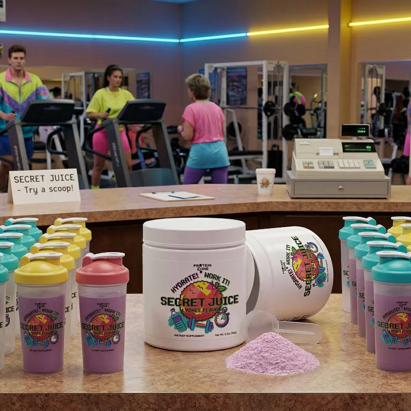 Secret Juice Lychee Hydrating Powder powder container on counter of large gym next to m 1 edba a6d9