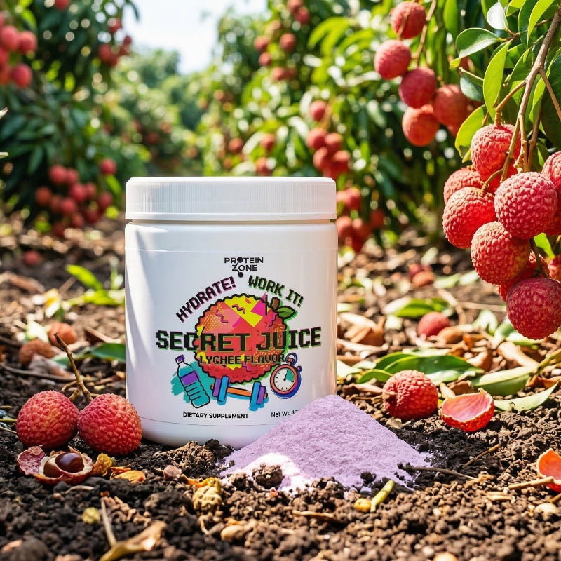 Secret Juice Lychee Hydrating Powder powder container on ground of lush tropical lychee