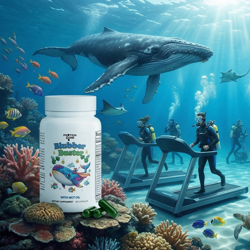 Blubber Buster Thermogenic Metabolic Support & Weight Management product on left of at gym under