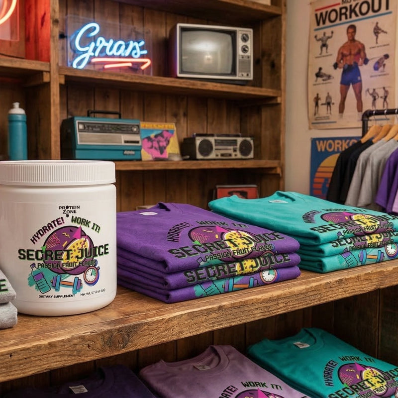Secret Juice Passion Fruit Hydrating Powder powder container on shelf of boutique gym store nex 1