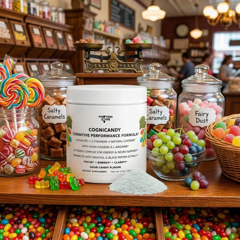 CogniCandy Nootropic Focus & Smart Energy Sour Candy Powder powder container on shelf of candy store colorful