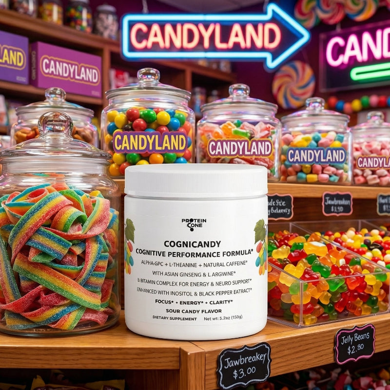 CogniCandy Nootropic Focus & Smart Energy Sour Candy Powder powder container on shelf of candy store colorful 1