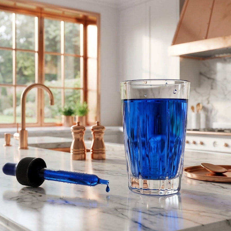 Methylene Blue Drops Cognitive Focus & Mitochondrial Vitality dropper bottle on table along with clear crystal 1